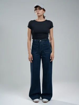 شلوار بگ جین زنانه مدل دار قد 110 دمپا پاکتی پارچه ال وی