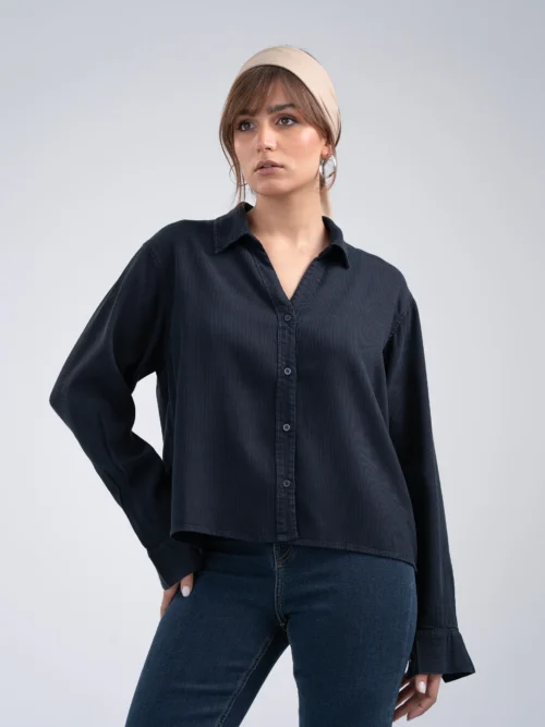 شومیز پارچه ای زنانه ماوی لیوسل کبریتی سرمه ای