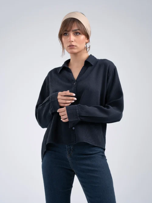 شومیز پارچه ای زنانه ماوی لیوسل کبریتی سرمه ای